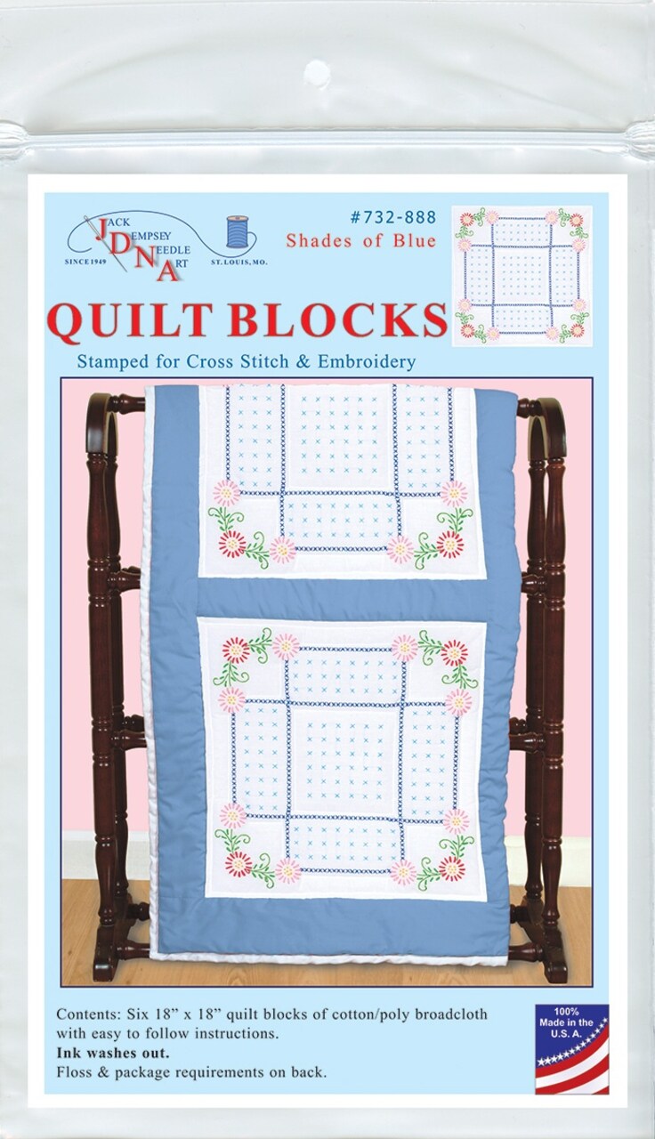 Jack Dempsey Stamped White Quilt Blocks 18"X18" 6/Pkg-Shades Of Blue